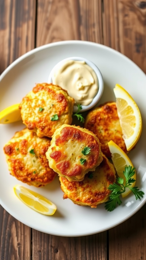 Crispy Mahi Mahi cakes served with remoulade and lemon wedges on a rustic table.